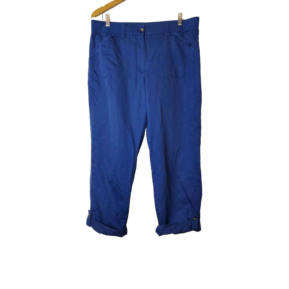 J Jill Pants Women Large Blue Straight Leg Elastic Waist Linen Cotton Rolled Hem